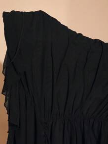 SHEIN BAE Plus Size Fall Elegant Going Out Sexy Party Woman Black Mesh Strapless Off Shoulder Ruffle Tube Top Sexy Front Center Tie Ruffle Cuffs Gathered Bodysuit Sweet Bodysuit Party Bodysuit Wedding Guest Bodysuit Halloween Outfit Christmas Outfit Birthday Party Outfit