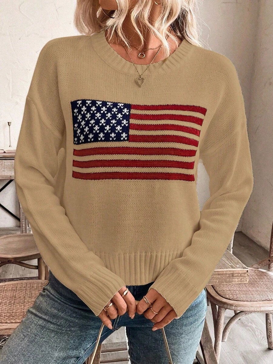 SHEIN LUNE Suéter casual de hombros caídos con diseño de bandera de EE. UU. para otoño/invierno, jersey de punto de otoño - Caqui - Ver 1