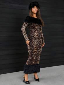 SHEIN SXY Sexy luipaardprint patchwork pluizige warme lange jurk voor dames, herfst/winter