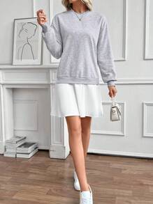 SHEIN LUNE Women Autumn Casual Dropped Shoulder Loose Fit Crew Neck Long Sleeve Sweatshirt Pullover Fall Outfit - Grey - View 3