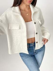 SHEIN PETITE Flap Pocket Drop Shoulder Button Front Overcoat - Apricot - View 4