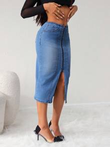 SHEIN SXY Women's Zip-Up Slit Hem Long Denim A-Line Skirt - Medium Wash - View 6