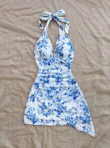 Soleia Vacation Women's Blue & White Floral Print Halter Backless Bowknot Asymmetrical Hem Ruffle Hem Dress,Fall&Winter Women Clothes,Thanksgiving Women Outfit,Christmas Women Clothes,Christmas Party Dress,Christmas Dress,Princess Women Costume,Thanksgiving Dress,Hot Pink Dress,Holiday Dress,Greek Goddess Dress,Hippie Women Clothes,Fairy Core,Fairy Dress,Summer Dresses For Women