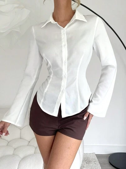 Lumivelle 1 pieza Camisa blanca sólida de manga larga acampanada elegante con botones delanteros, informal, para oficina, formal, de mujer