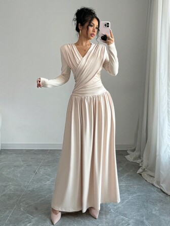 Rafferiza 1pc Long Sleeve V-Neck Waist Cinched Elegant And Charming Dress Maxi Women Outfit