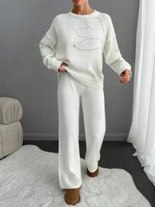 EURMUSE Elegant Crew Neck Drop Shoulder Floral Pattern Pearl Beaded Sweater & Wide Leg Plain Solid Sweater Pants 2 Piece Knit Set - White - View 6