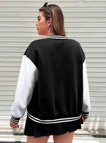 Sunspun Plus Size Color Block Letter Patch Baseball Jacket, Casual For Autumn/Winter Fall Cloth For Women