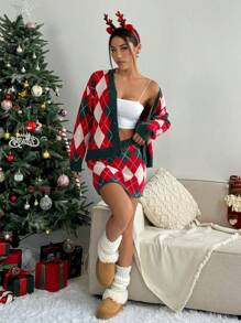 SHEIN Unity Women Christmas Warm & Cozy Plaid Pattern Loose Cardigan & Plaid Mini Sweater Skirt, 2 Pieces Set, Winter Clothes - Red - View 2