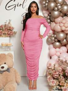 Loomaby Pregnant Women Elegant Solid Color Off Shoulder Ruched Fitted, Ruched Fitted Dress, For Maternity, For Baby Shower - Coral Pink - View 3