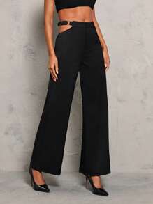 Glamine 女款黑色休闲镂空金属扣直筒裤 - 黑色 - 查看 1