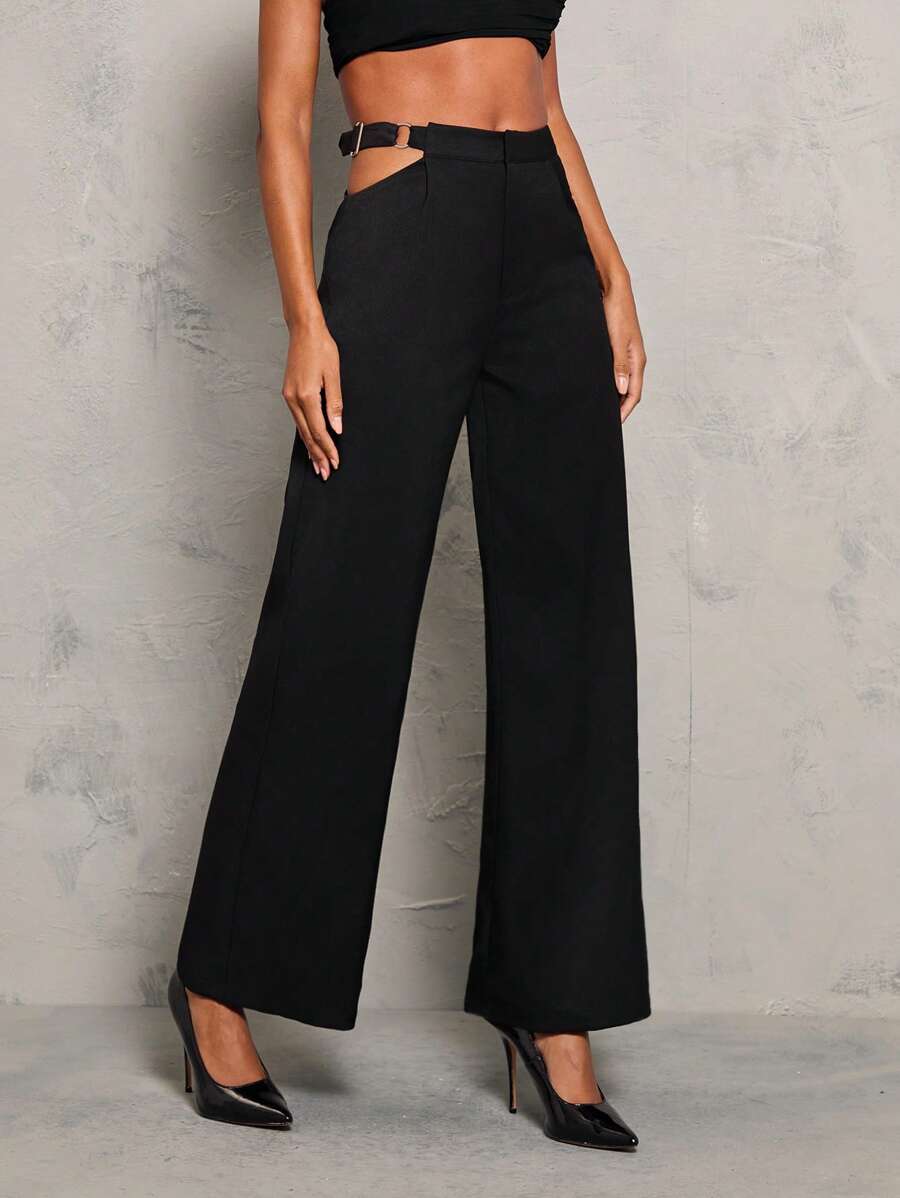 Glamine 女款黑色休闲镂空金属扣直筒裤 - 黑色 - 查看 1