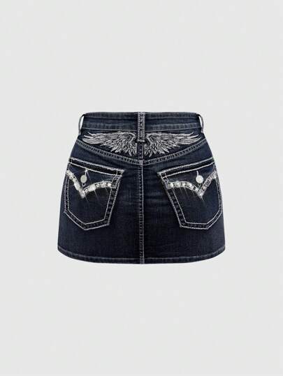 J-Fashion Y2K Stil Minirock aus Denim mit tailliertem Bund, bestickten Flügeln und Strass Verzierung für Frauen
