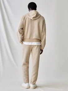 Manfinity VCAY 2 件套年轻男士休闲针织面料宽松长袖连帽衫和直筒抽绳腰裤套装，适合秋冬 - 杏色 - 查看 2