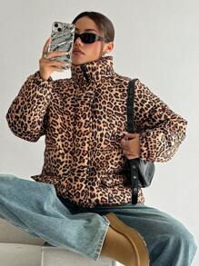 Flirla 1 pieza Abrigo acolchado con cremallera frontal de estampado de leopardo, de manga larga, para vestir informal en invierno