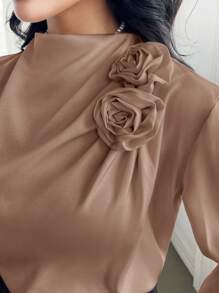 Modelyn Blusa casual de mujer de unicolor con decoración floral 3D de manga larga