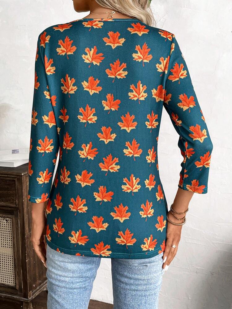 Women's Floral Print Round Neck Casual Long Sleeve T-Shirt, Fall Top