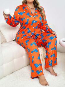Conjunto de pijama de manga larga con cuello abierto y estampado de dinosaurio, talla grande