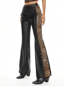 ROMWE Grunge Punk Gyaru 豹纹拼接铆钉设计低腰紧身高弹力仿皮 PU 女式喇叭裤 - 黑色 - 查看 4