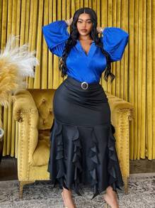 Slaydiva Women Plus Size Long Sleeve V-Neck Puff Sleeve Solid Color Elegant Blouse, Suitable For Commuting, Autumn - Blue - View 7