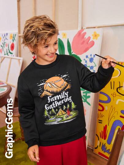 Tween Boy Casual Mountain & Letter Print Sweatshirt, Autumn/Winter