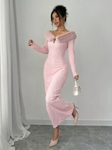 Chiquease 1 件长袖蓬松领系腰露肩优雅迷人连衣裙长款女装 - 粉色 - 查看 6