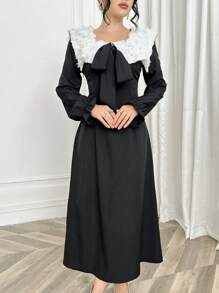 Modelyn 1 pieza Vestido elegante de mujer con patrón floral 3D, cuello empalmado, cintura larga y volante en el bajo, vestido largo de noche