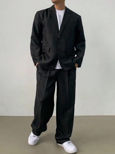 SHEIN X Scheana DAZY 一套男士纯色平驳领单排扣西装外套和裤子，休闲商务套装