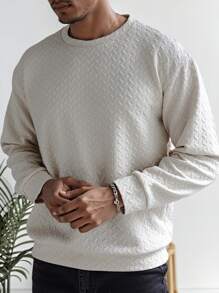 Manfinity Homme 大码男士休闲纯色纹理运动衫，秋季 - 杏色 - 查看 1