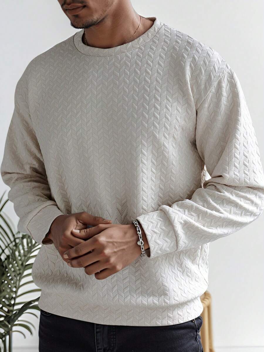 Manfinity Homme 大码男士休闲纯色纹理运动衫，秋季 - 杏色 - 查看 1