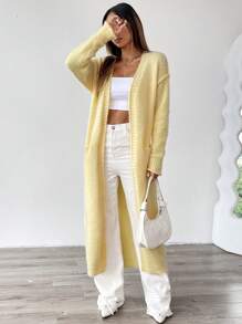 SHEIN Unity 宽松长袖针织保暖开衫，带口袋，黄色，休闲设计，适合女士秋冬 - 黃色 - 查看 4
