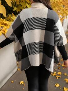 EMERY ROSE Plus Size Colorblock Plaid High Neck Batwing Sleeve Sweater, Fall/Winter Knit Pullover - Multicolor - View 2