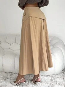 Chiquease 1pc váy xếp ly màu trơn thanh lịch cho nữ - Màu Khaki - Xem 2