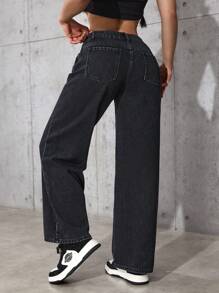 SHEIN PETITE Quần jeans ống đứng đơn giản, màu trơn, túi xéo, thoải mái, phù hợp với mọi hoạt động thường ngày dành cho nữ, mùa xuân thu - màu đen - Xem 3