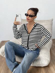 SHEIN Unity Autumn Casual Color Block Striped Front Zipper Hoodie Cardigan - Black and White - View 6