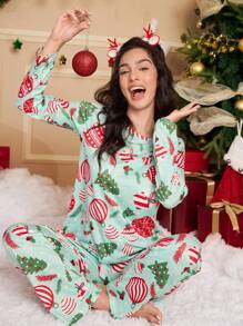 Christmas Tree Print Pajama Set For Women, Christmas, Fall Winter Clothes - Multicolor - View 1