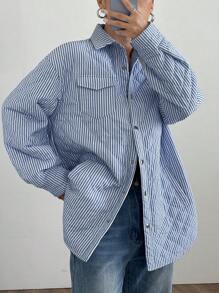 SHEIN Unity 条纹休闲宽松夹棉常规夹克，秋冬 - 藍色 - 查看 5