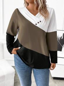 EMERY ROSE Plus Size Casual Kontrastowy Kolor Guzik Ozdobny Luźny Długi Rękaw T-shirt, Jesienne Koszulki Graficzne Damskie Topy Na Wiosenny Strój