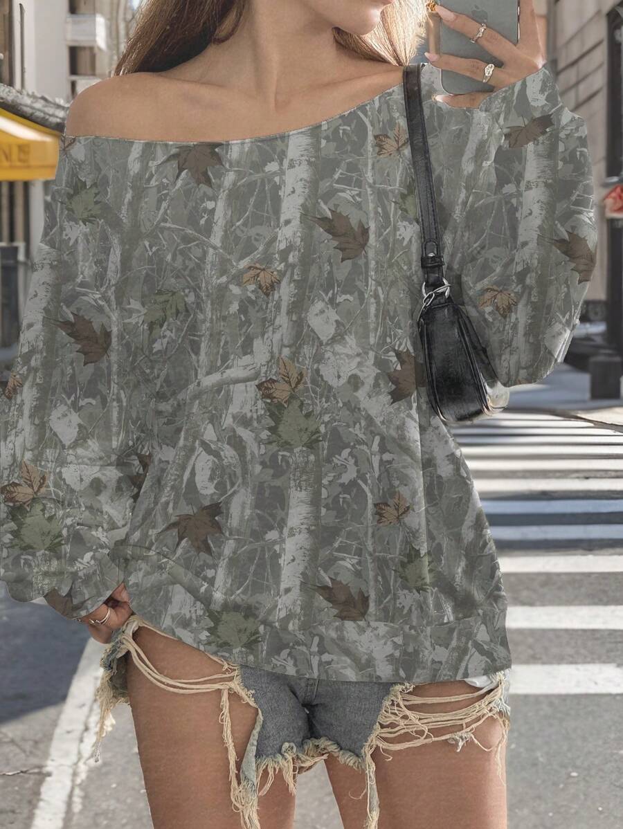 SHEIN EZwear 女士迷彩树枝印花露肩宽松休闲长袖轻便运动衫，秋冬 - 白色 - 查看 1