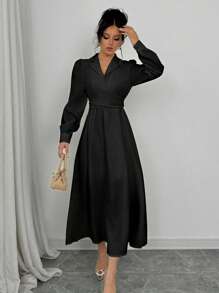 Elenzga Đầm Maxi Thời Trang Thanh Lịch Cho Nữ Đi Làm Thường Ngày Tay Dài Cổ Bẻ Nơ Chéo Màu Trơn - màu đen - Xem 4