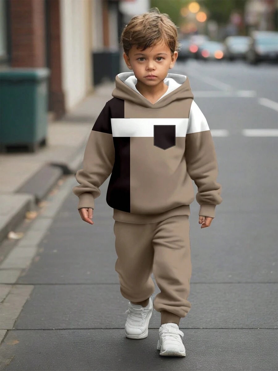 SHEIN 2 件装年轻男孩休闲字母图案宽松运动连帽衫和运动裤套装，适合秋冬季 - 彩色 - 查看 1