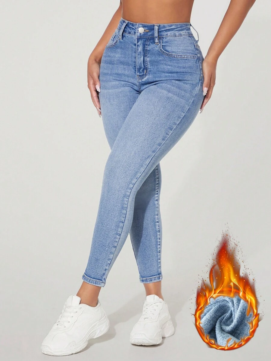 SHEIN PETITE 高腰纽扣装饰修身弹力做旧Y2K牛仔裤，带保暖内衬和口袋，秋冬加厚牛仔布 - 藍色 - 查看 1