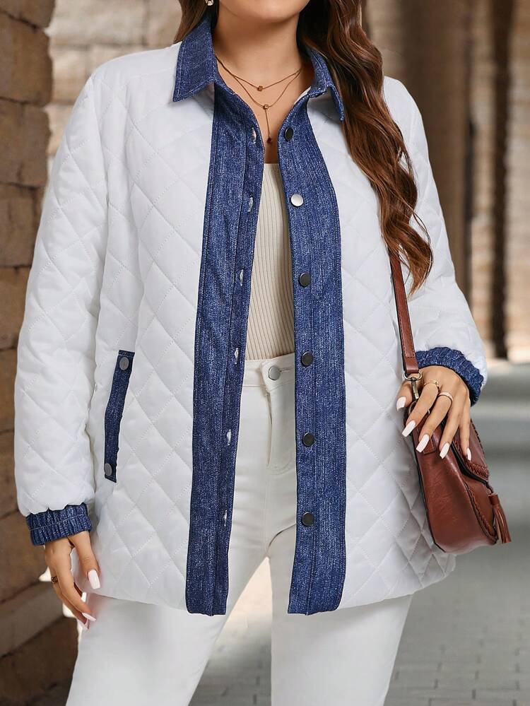 サイズ追加レディースサーマル デニムエフェクト プリントパッチワーク長袖カジュアルパデッドコート、冬用