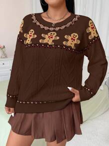 Flirla 加大码圣诞姜饼人图案针织圆领毛衣，秋冬针织套头衫 - 咖啡棕 - 查看 5