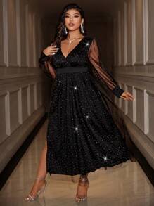 SHEIN Unity Vestido de talla grande de unicolor con cuello en V profundo, manga larga y inserto de malla con abertura alta - Negro - Ver 5