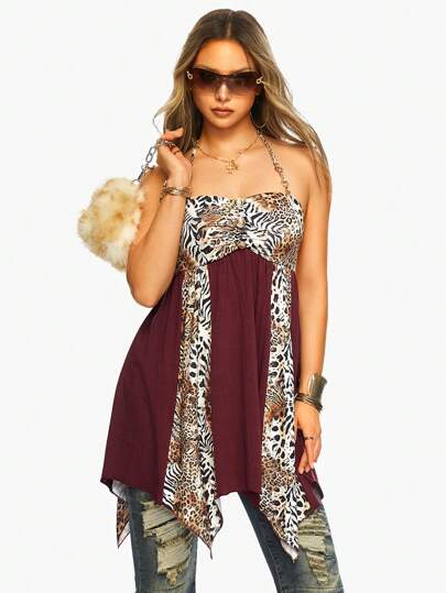 فستان قصير للسيدات بتصميم غير متماثل الذيل مع طبعة جلد النمر' بأسلوب (جيرلرو) من هاراجوكو في طراز الألفية الجديدة