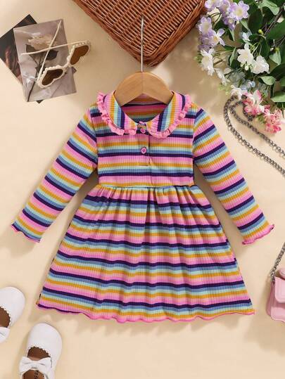 女婴彩色条纹荷叶边领半襟长袖连衣裙