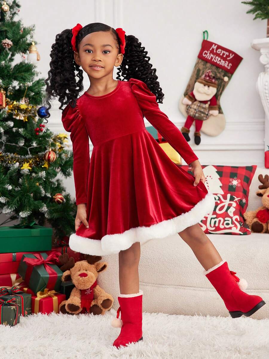 Mommy And Me Clothes,Young Girl Luxurious Elegant Red Velvet Round Neck