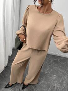 SHEIN Frenchy 2pcs Khaki Color Outfit Set, Shirt + Pants, Reversible Front & Back Wear Shirt, Autumn - Apricot - View 8