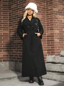 SHEIN EZwear 大码女式翻领超长系带风衣，秋冬款 - 黑色 - 查看 4