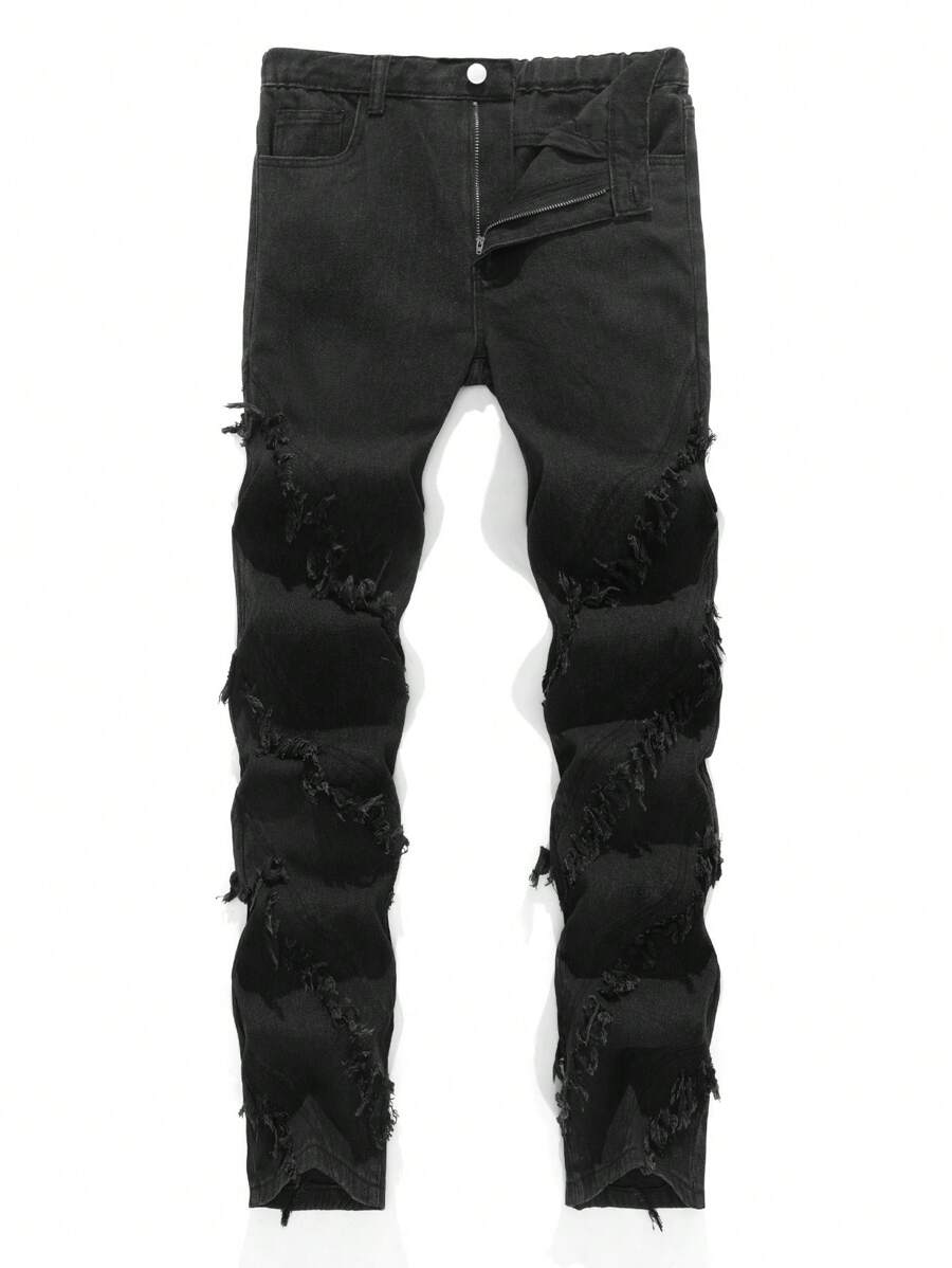 SHEIN Teen Boy Fashion Casual Black Raw Edge Design Loose Straight Leg Jeans For Dailywear And Fall Teen Boy Clothes